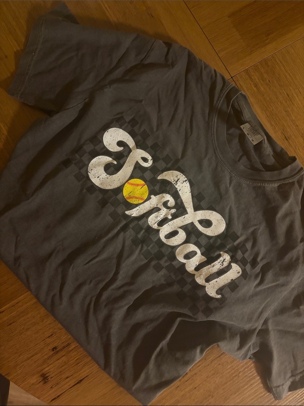 Softball Graphic Tee - Charcoal Gray with White Script and Yellow Accent